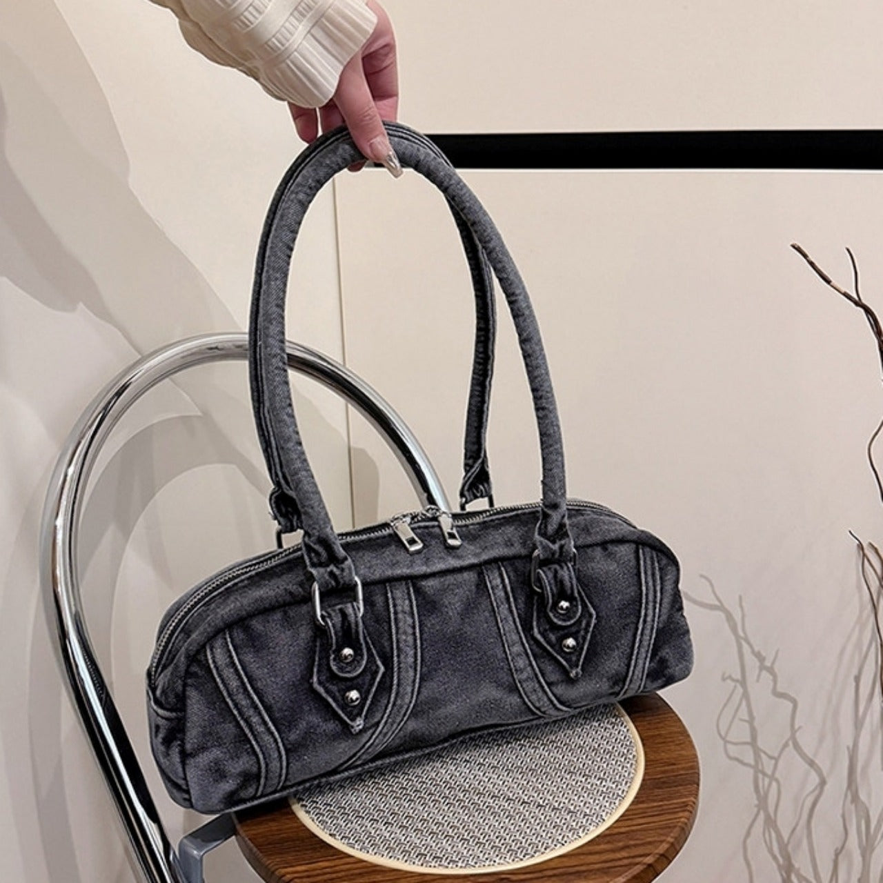 Double handle denim bag D0172
