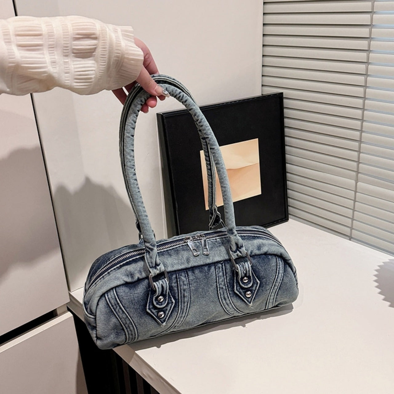 Double handle denim bag D0172