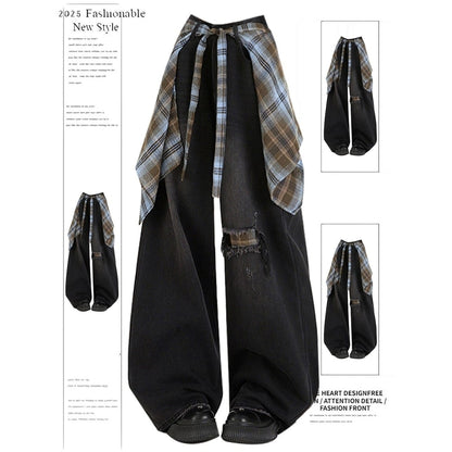Wide denim jeans with back flap D0173
