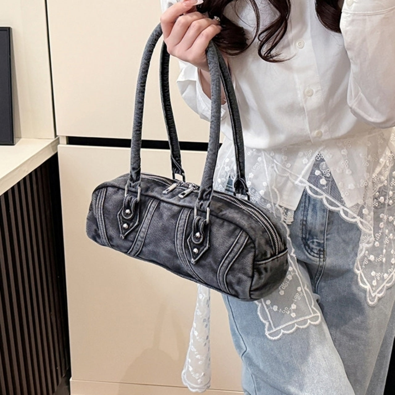 Double handle denim bag D0172