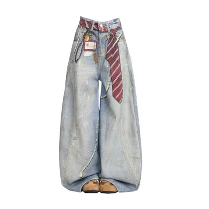 Tie pattern printed wide denim jeans D0178