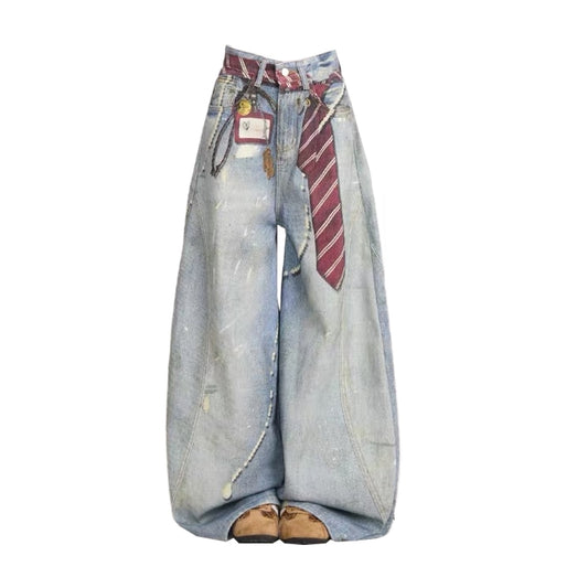 Tie pattern printed wide denim jeans D0178