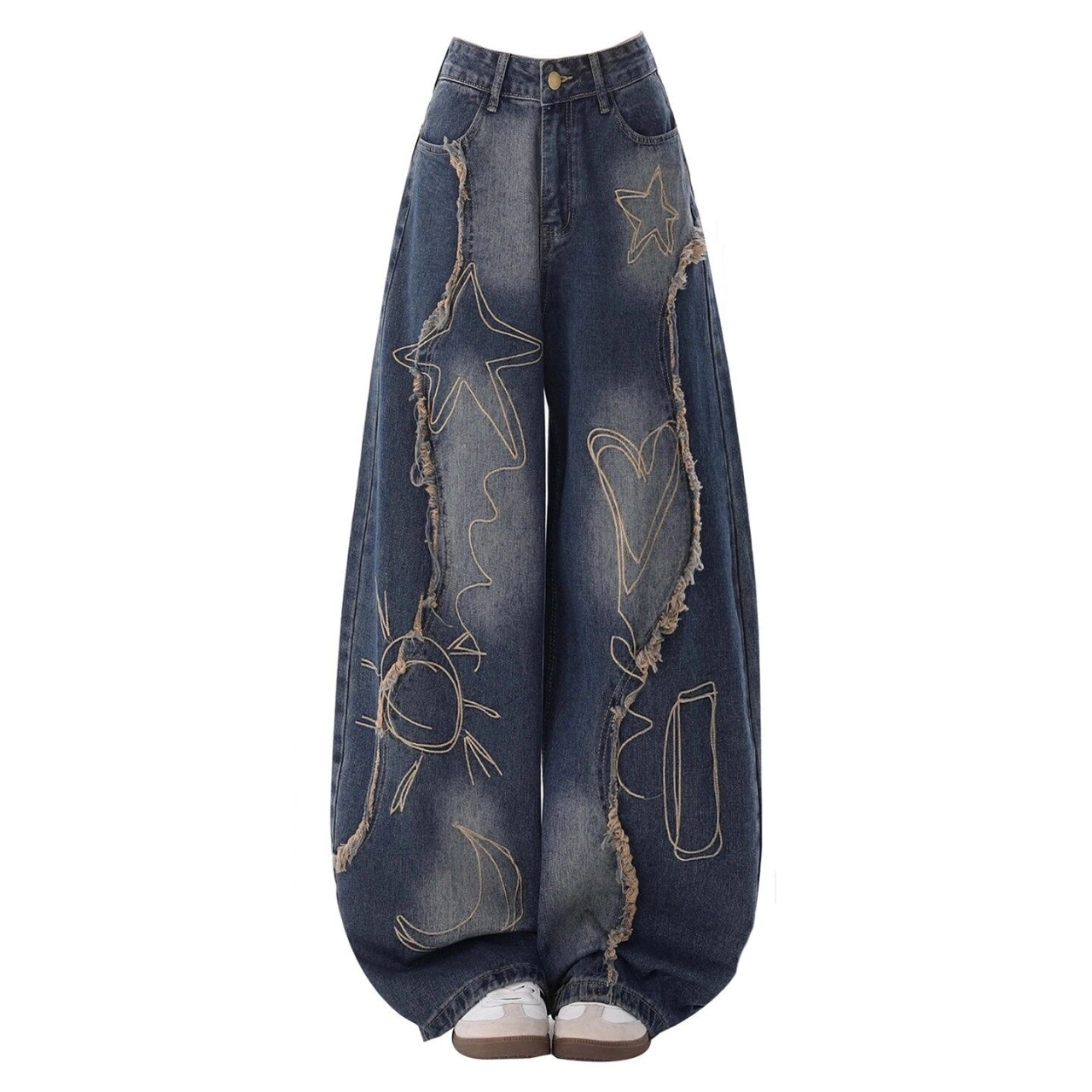 Graffiti embroidery curved denim jeans D0181