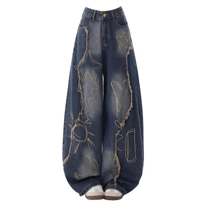 Graffiti embroidery curved denim jeans D0181