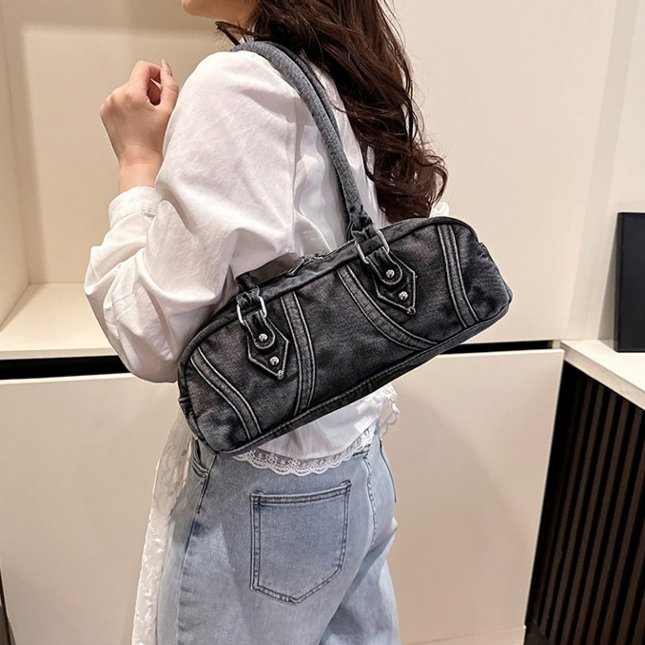 Double handle denim bag D0172