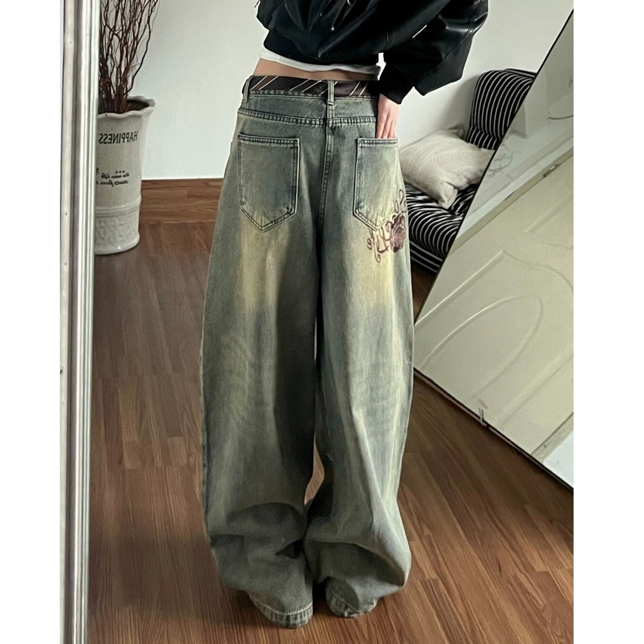 Retro curve denim jeans D0176