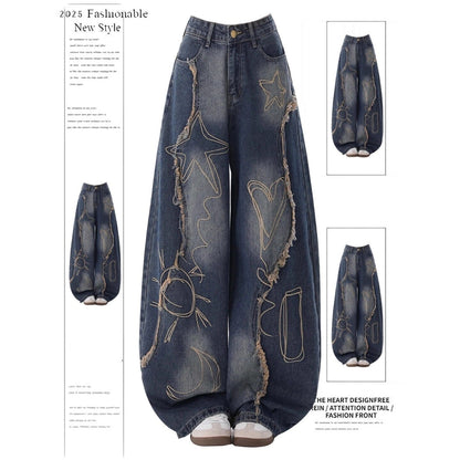 Graffiti embroidery curved denim jeans D0181