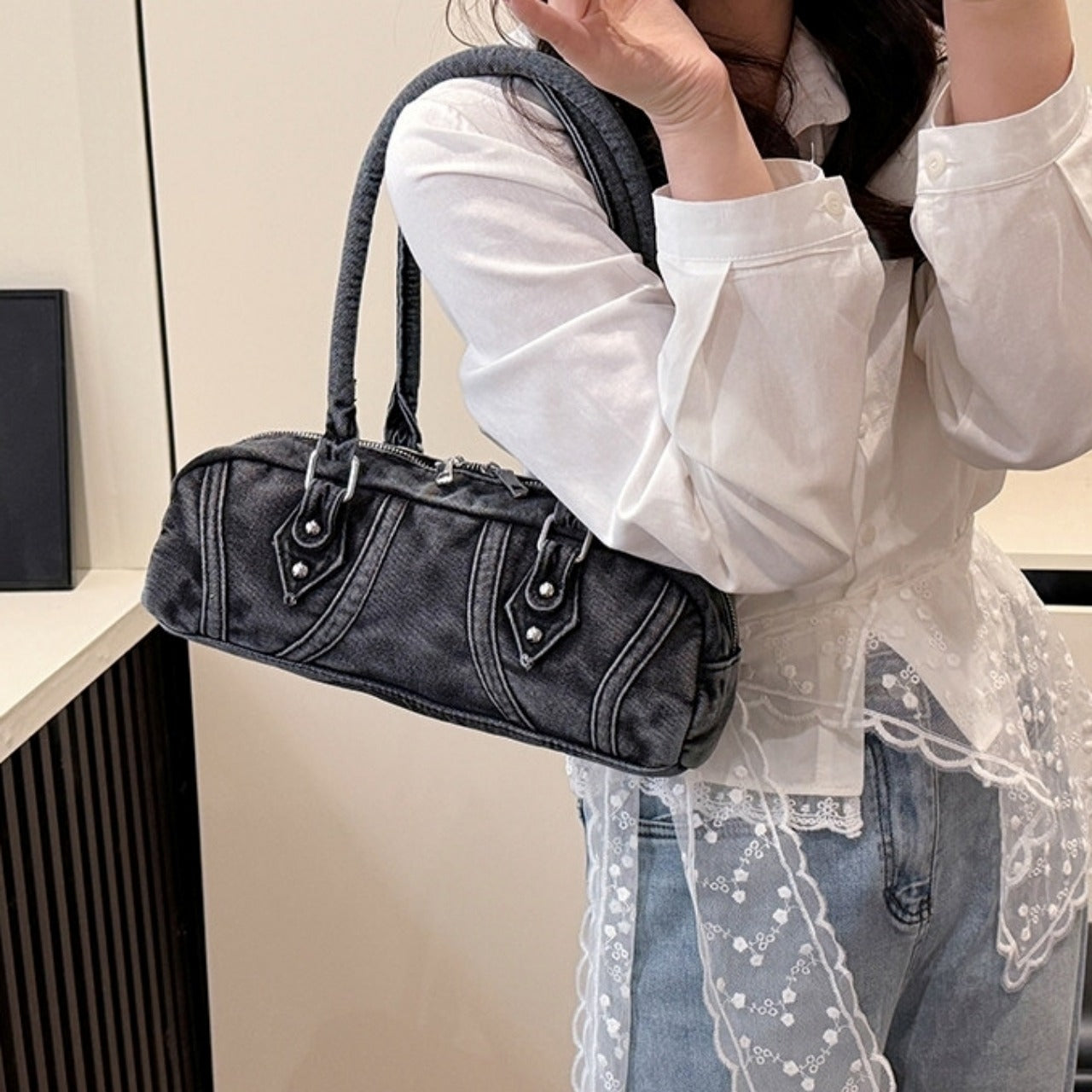Double handle denim bag D0172