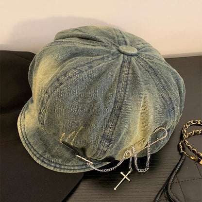 Denim newsboy cap with chain D0168