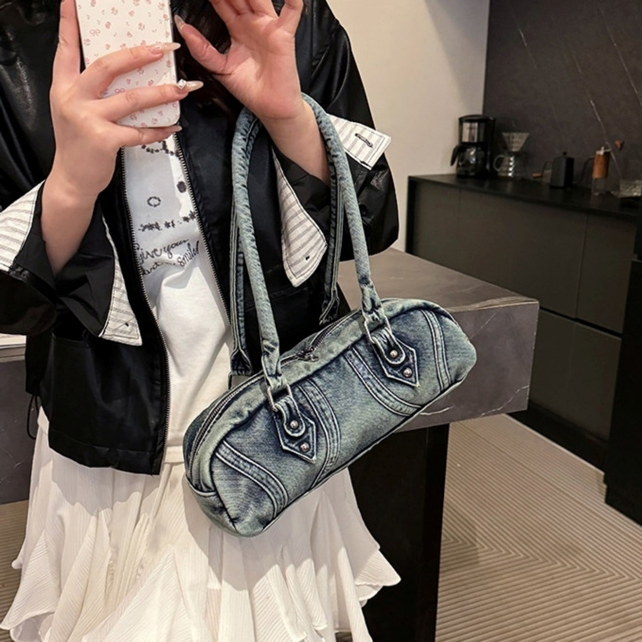 Double handle denim bag D0172