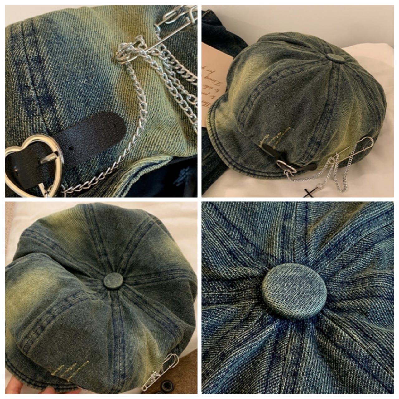 Denim newsboy cap with chain D0168