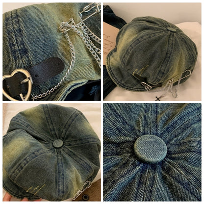 Denim newsboy cap with chain D0168