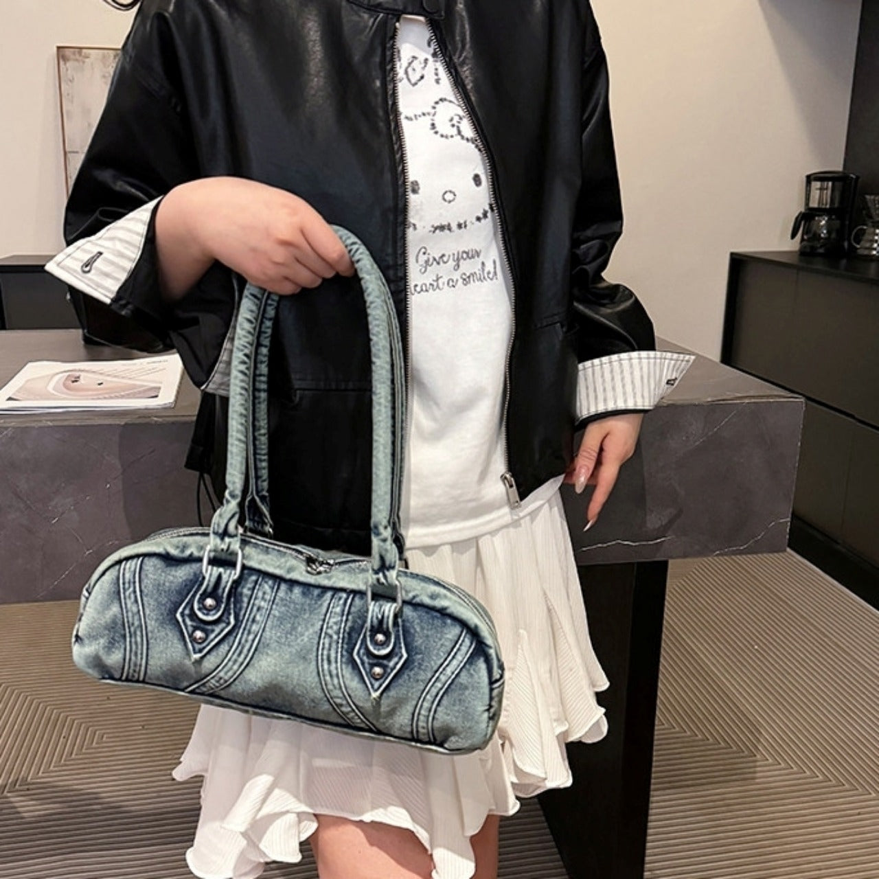 Double handle denim bag D0172