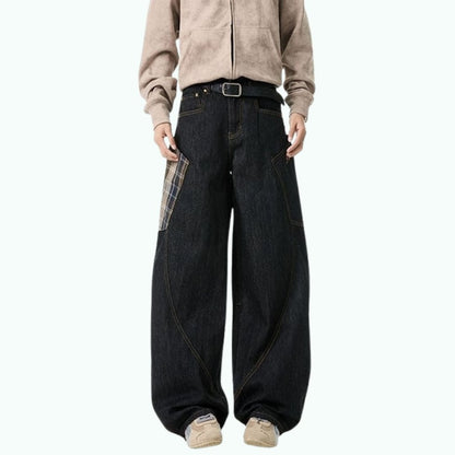 Plaid big pocket denim jeans D0188