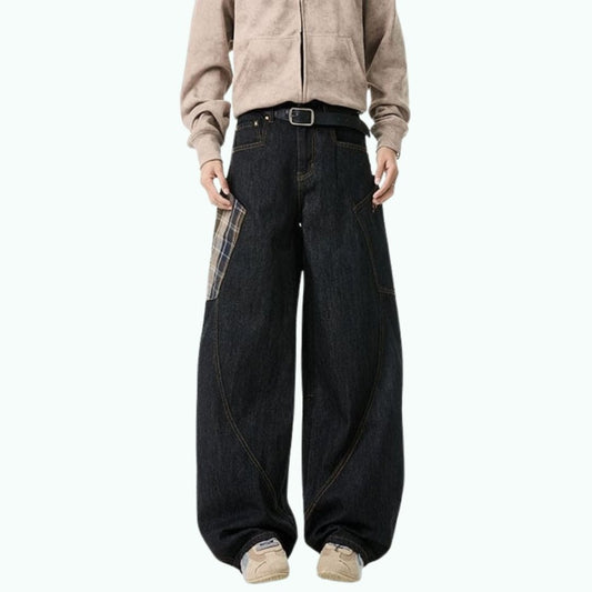 Plaid big pocket denim jeans D0188