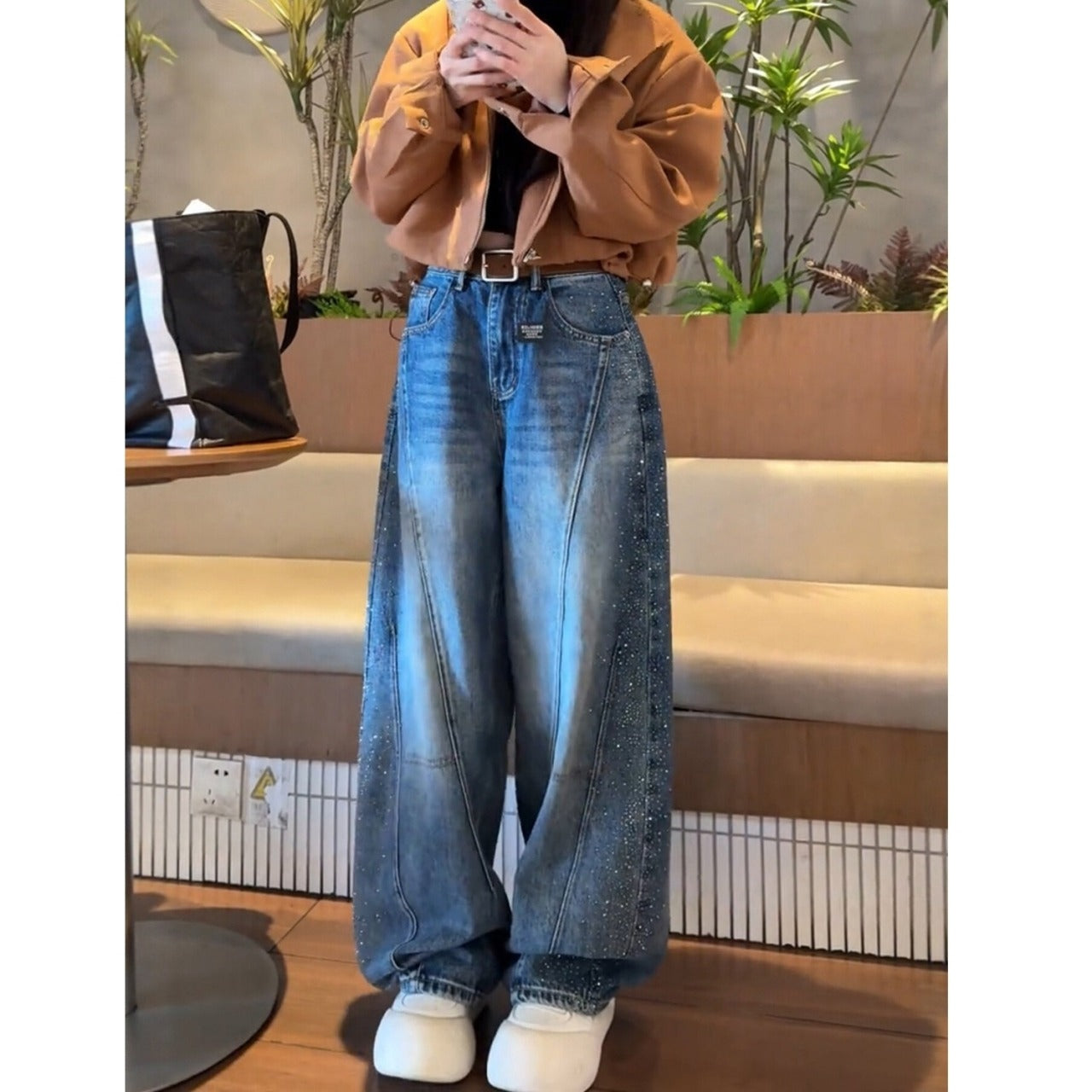 Wide leg rhinestone denim jeans D0184