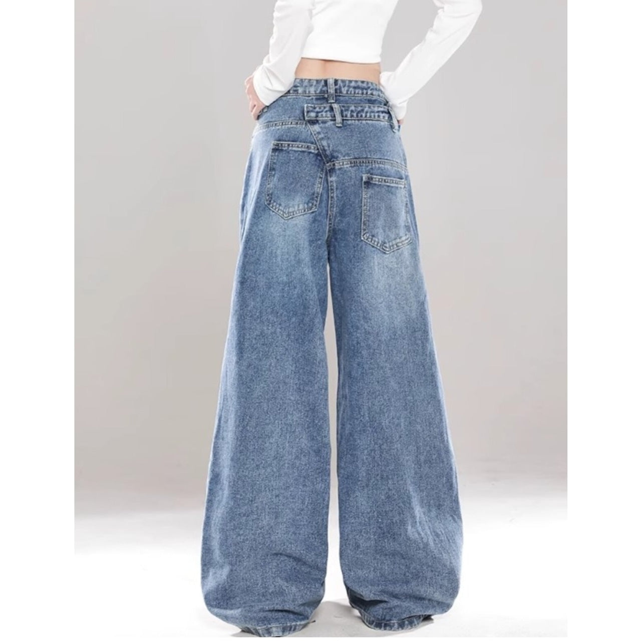Asymmetric button wide denim jeans D0198