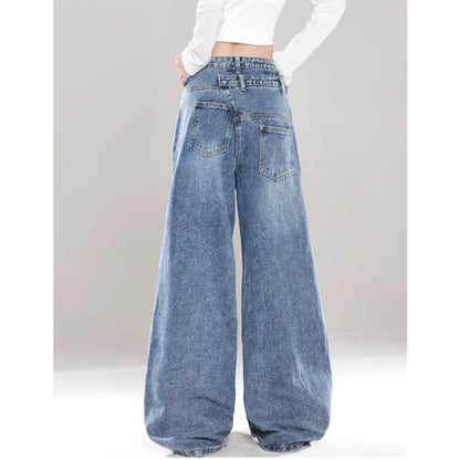 Asymmetric button wide denim jeans D0198