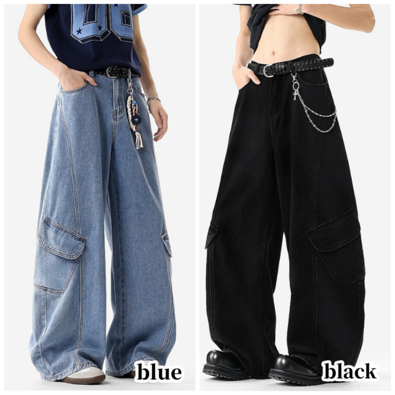 Cargo wide leg denim jeans D0189