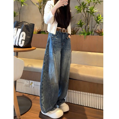 Wide leg rhinestone denim jeans D0184