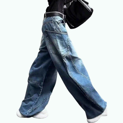Curved pocket wide denim jeans D0190