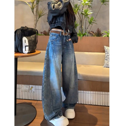 Wide leg rhinestone denim jeans D0184