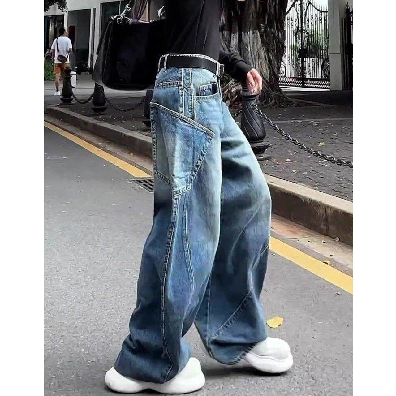 Curved pocket wide denim jeans D0190
