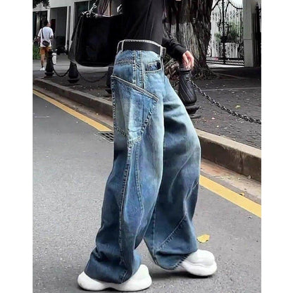 Curved pocket wide denim jeans D0190