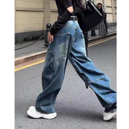 Curved pocket wide denim jeans D0190