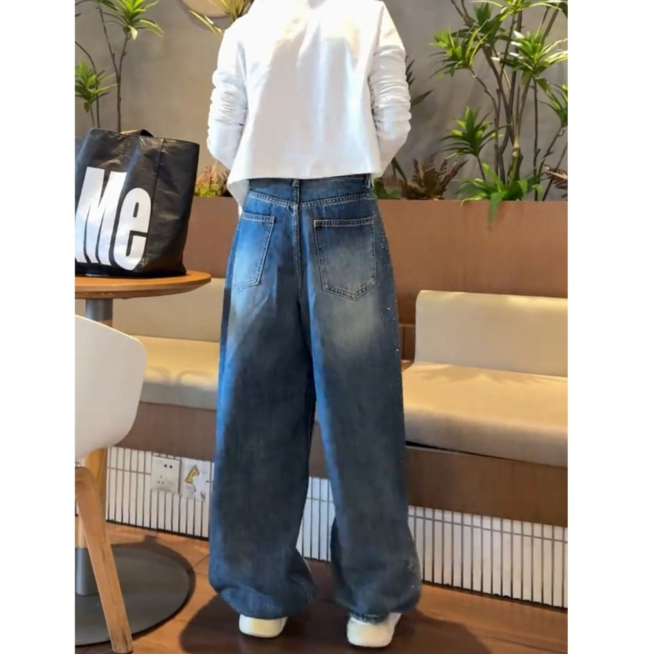 Wide leg rhinestone denim jeans D0184