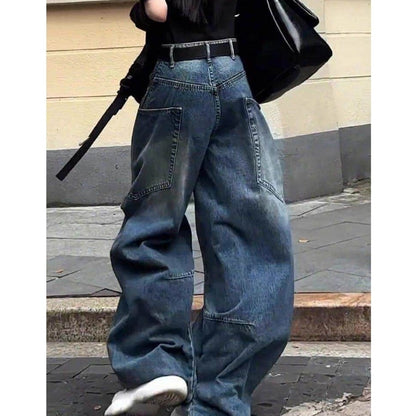 Curved pocket wide denim jeans D0190