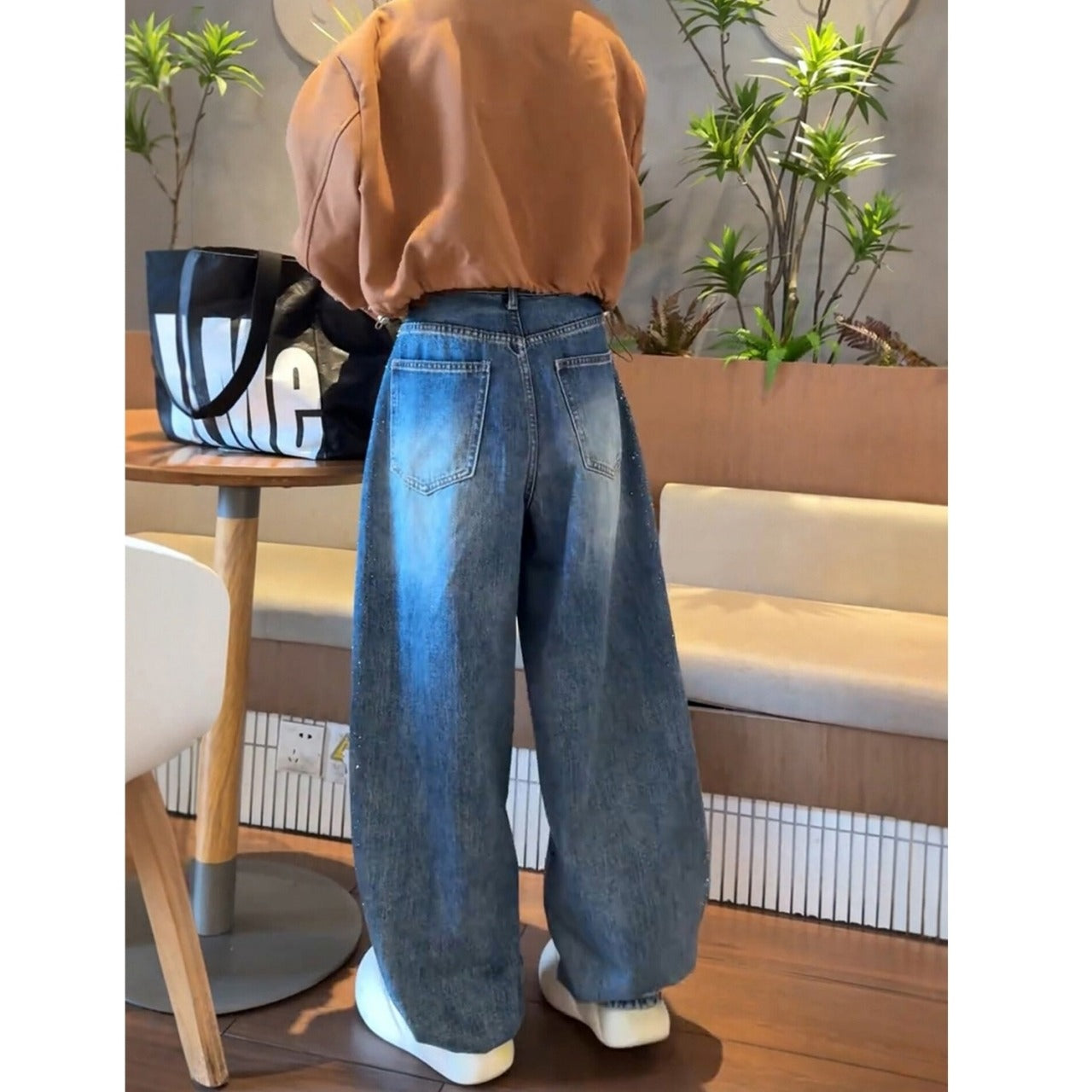 Wide leg rhinestone denim jeans D0184
