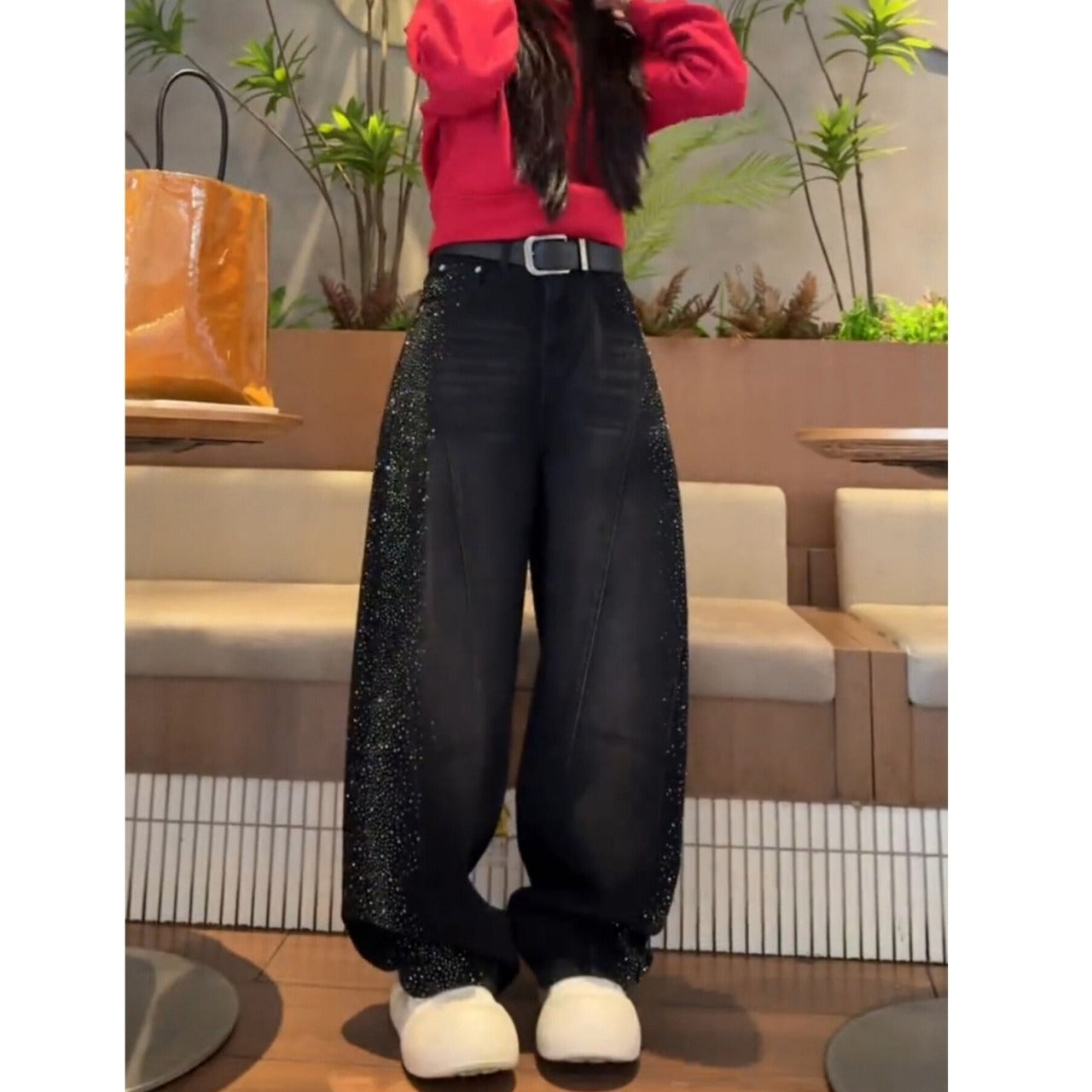 Wide leg rhinestone denim jeans D0184