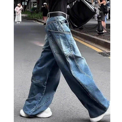 Curved pocket wide denim jeans D0190