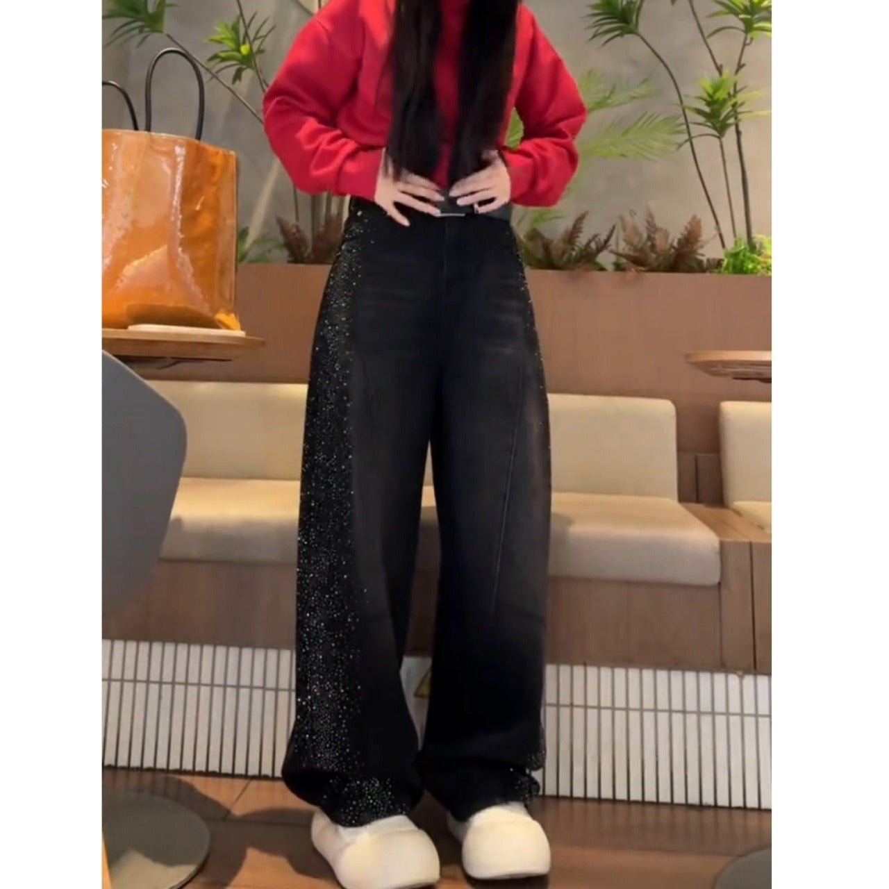 Wide leg rhinestone denim jeans D0184