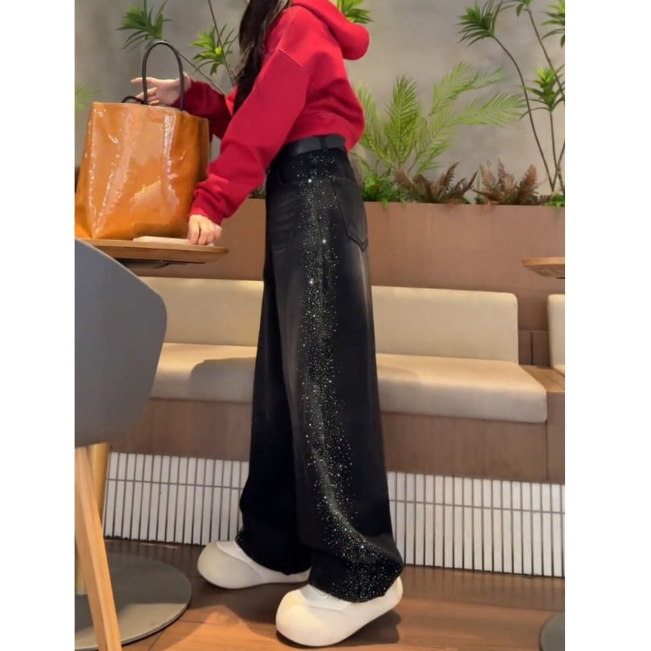 Wide leg rhinestone denim jeans D0184