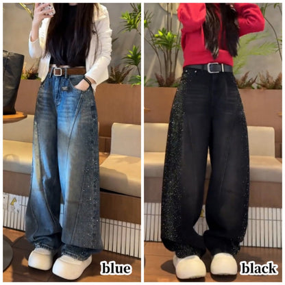 Wide leg rhinestone denim jeans D0184