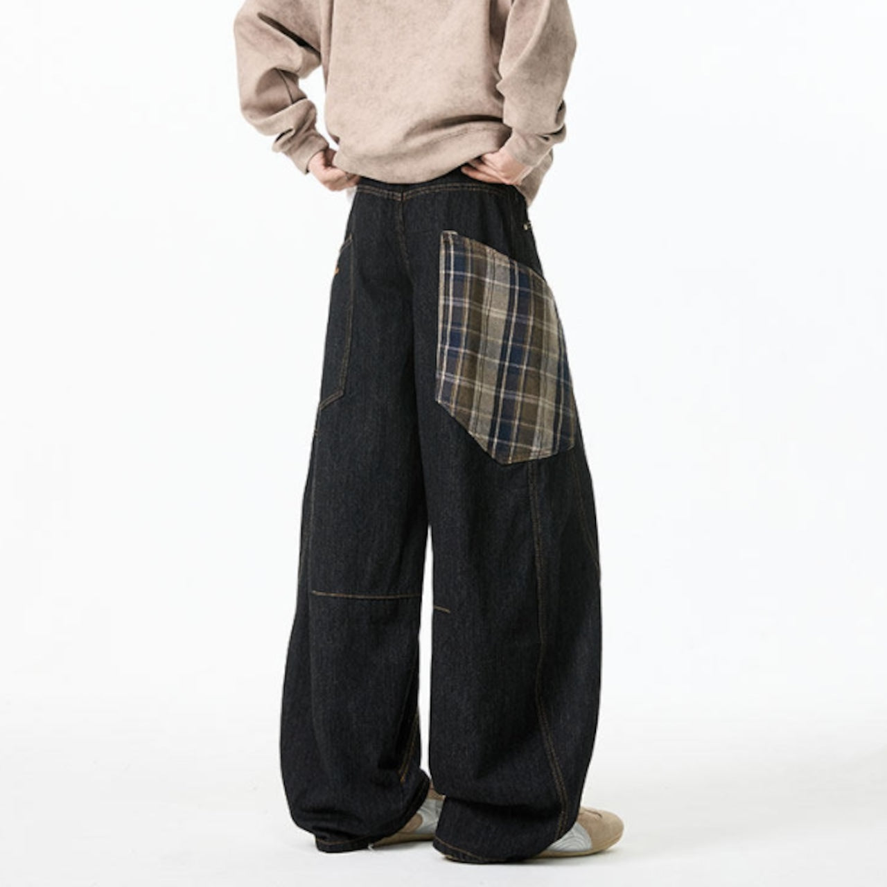 Plaid big pocket denim jeans D0188