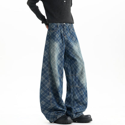 Plaid curved denim jeans D0187
