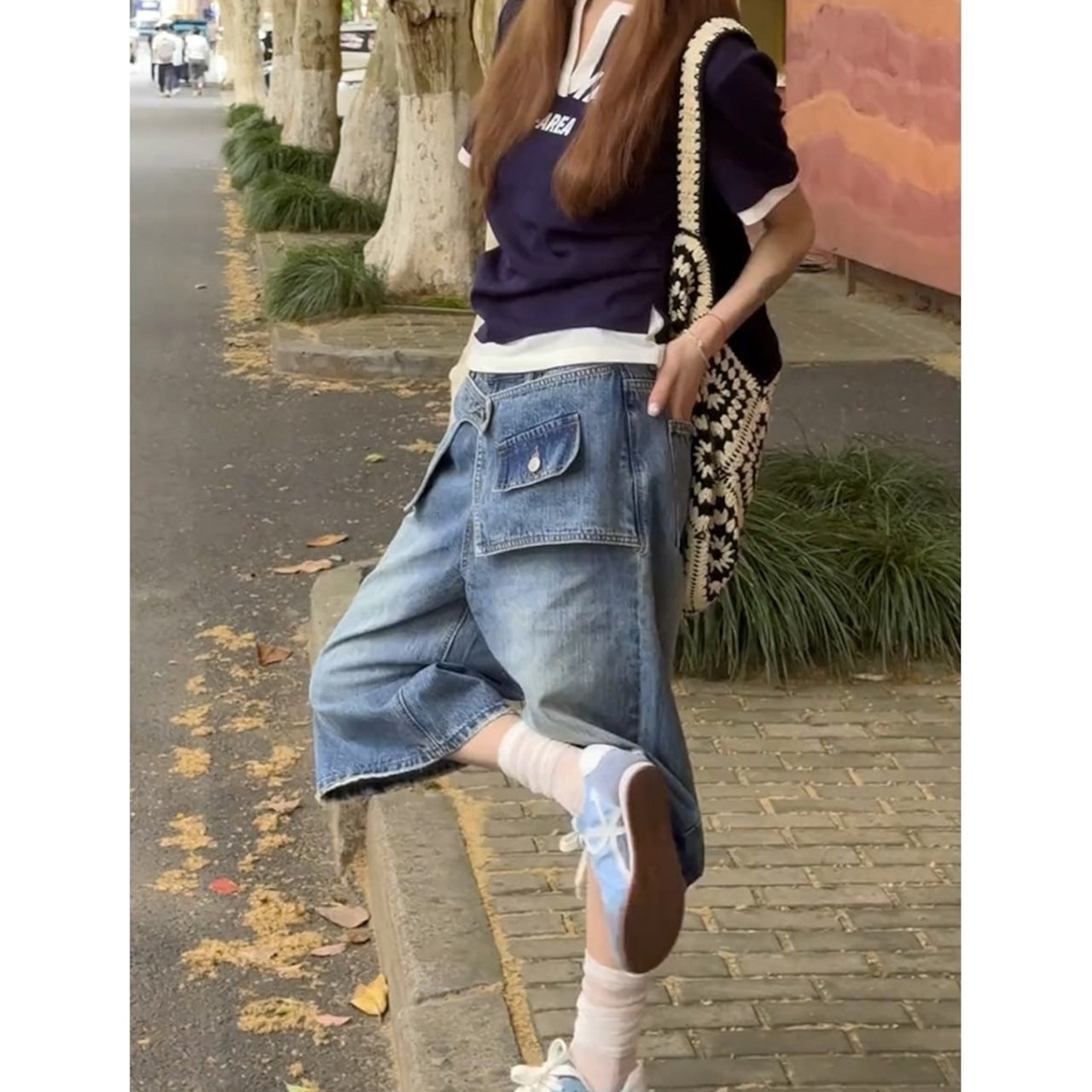 Wide leg denim capris D0186