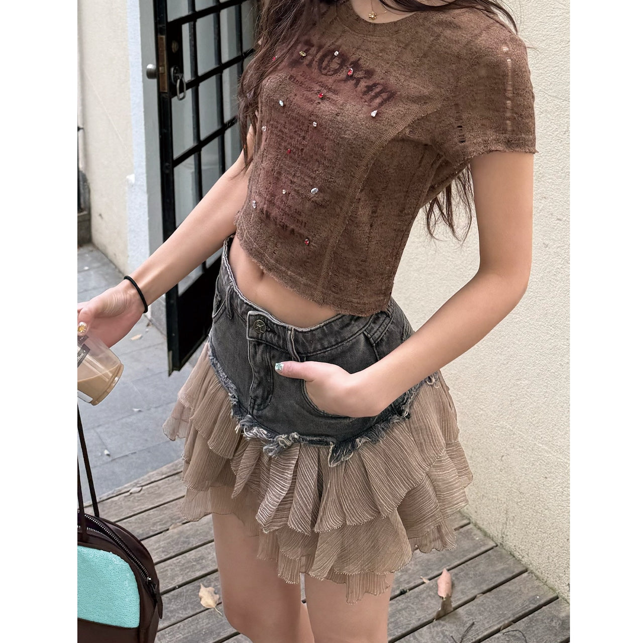 Chiffon ruffle denim mini skirt D0194
