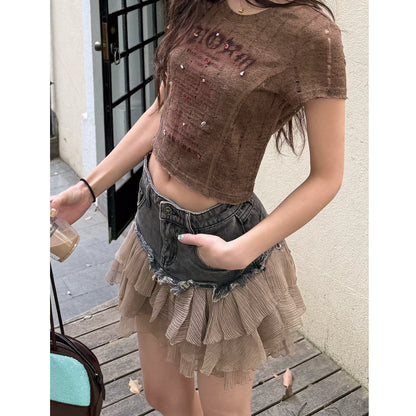 Chiffon ruffle denim mini skirt D0194