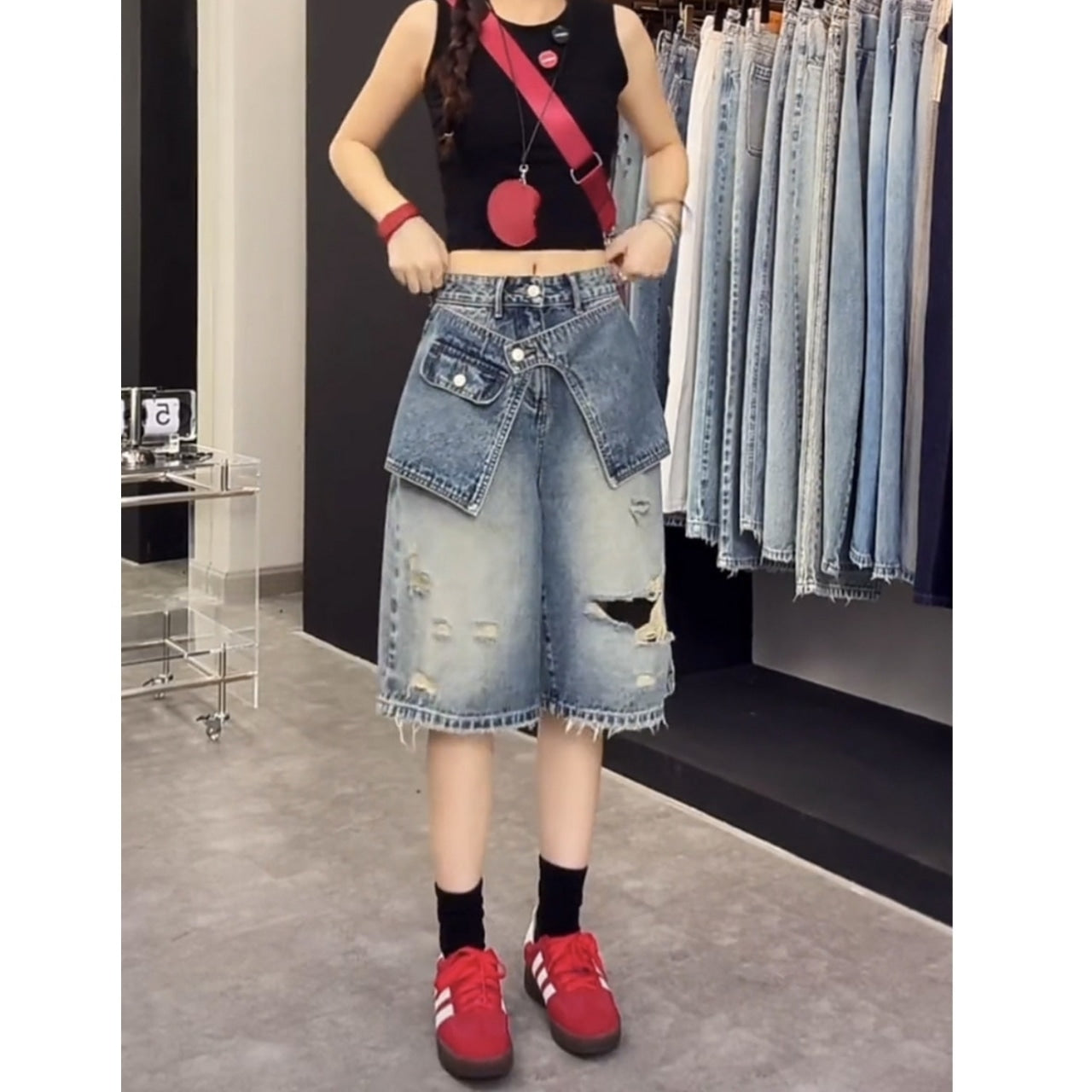 Half denim pants D0185