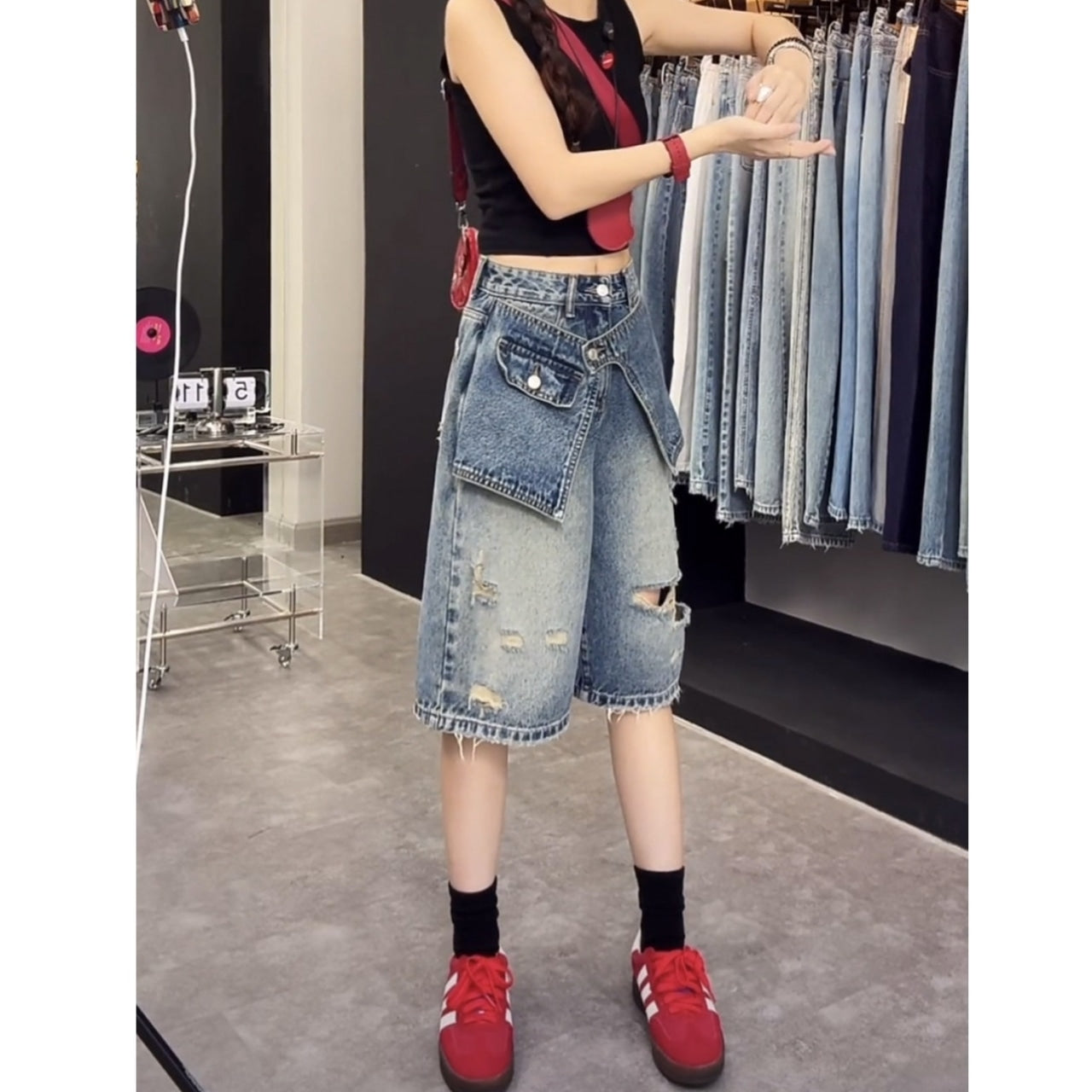 Half denim pants D0185