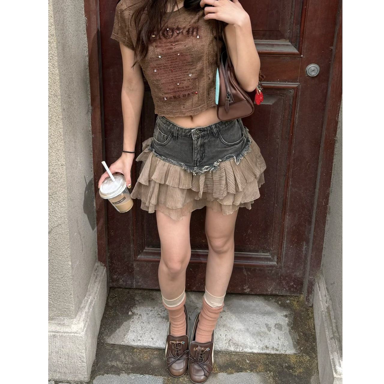 Chiffon ruffle denim mini skirt D0194