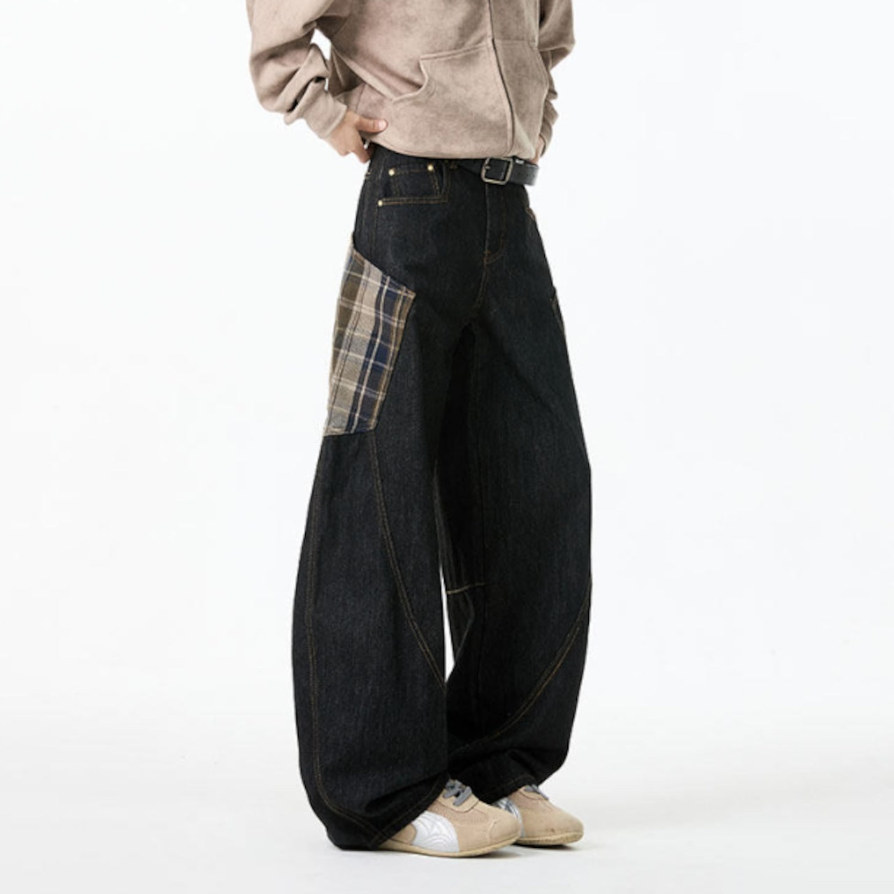 Plaid big pocket denim jeans D0188