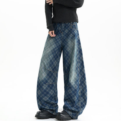 Plaid curved denim jeans D0187