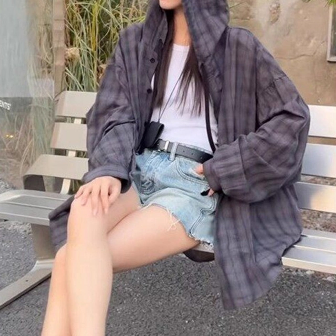 Hooded checked shirt D0199