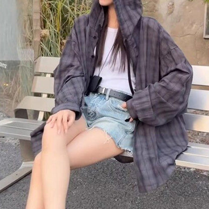 Hooded checked shirt D0199