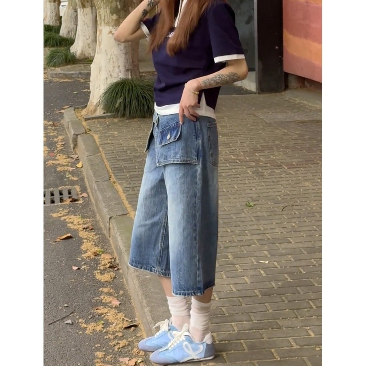 Wide leg denim capris D0186